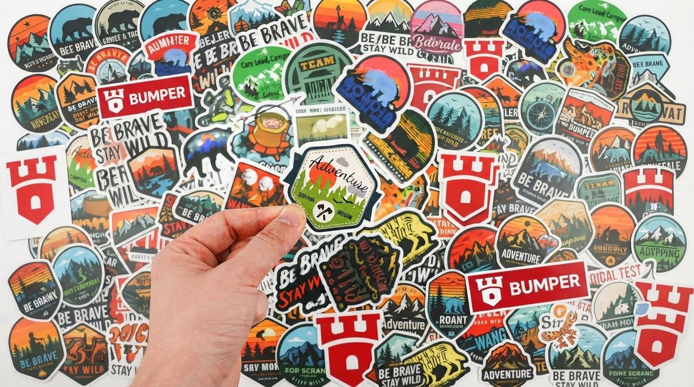 A pile of die-cut stickers, including Castle Crew bumper stickers
